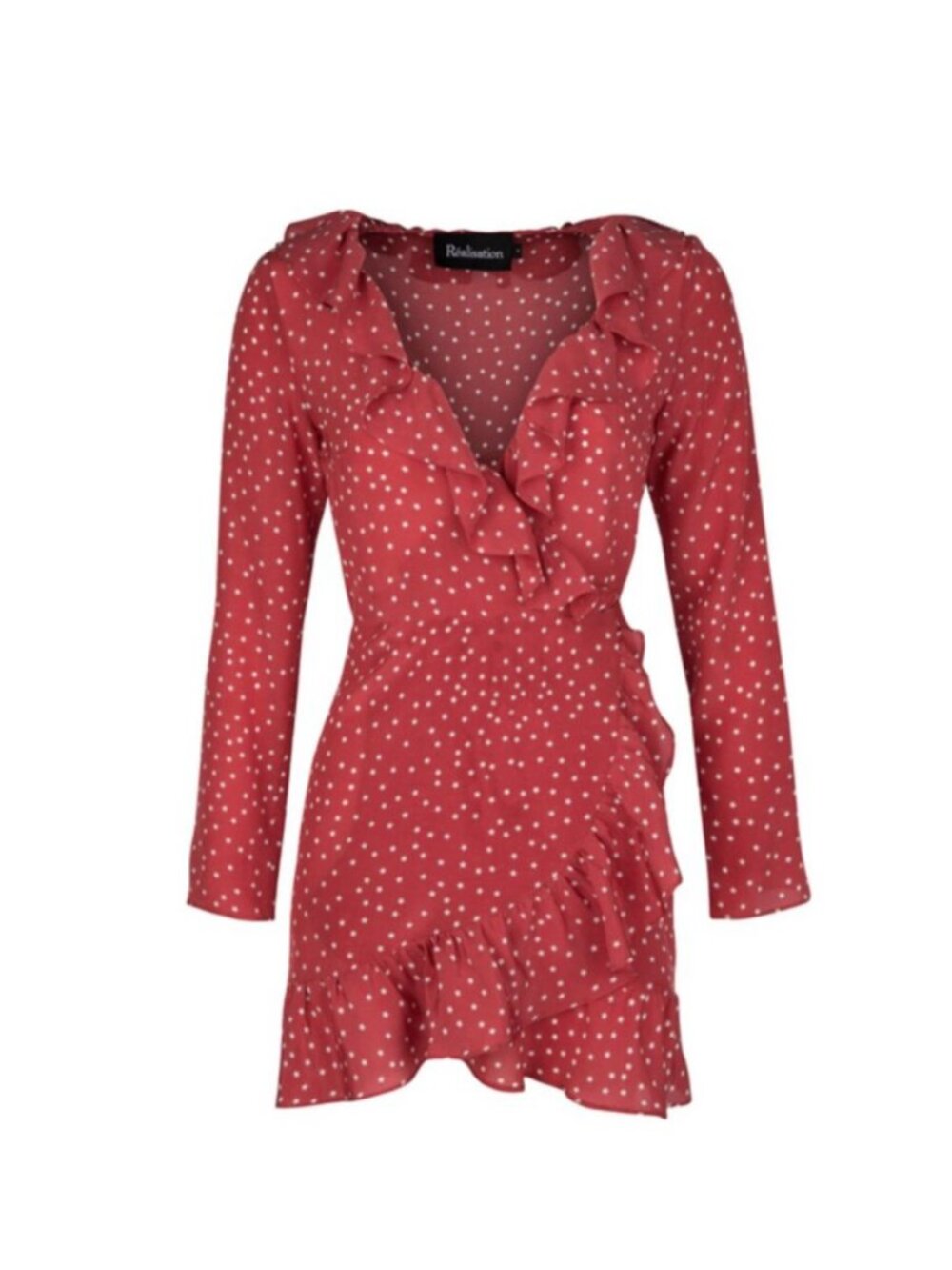 Realisation Par Alexandra Ruffled Silk Wrap Mini Dress Red Star Print